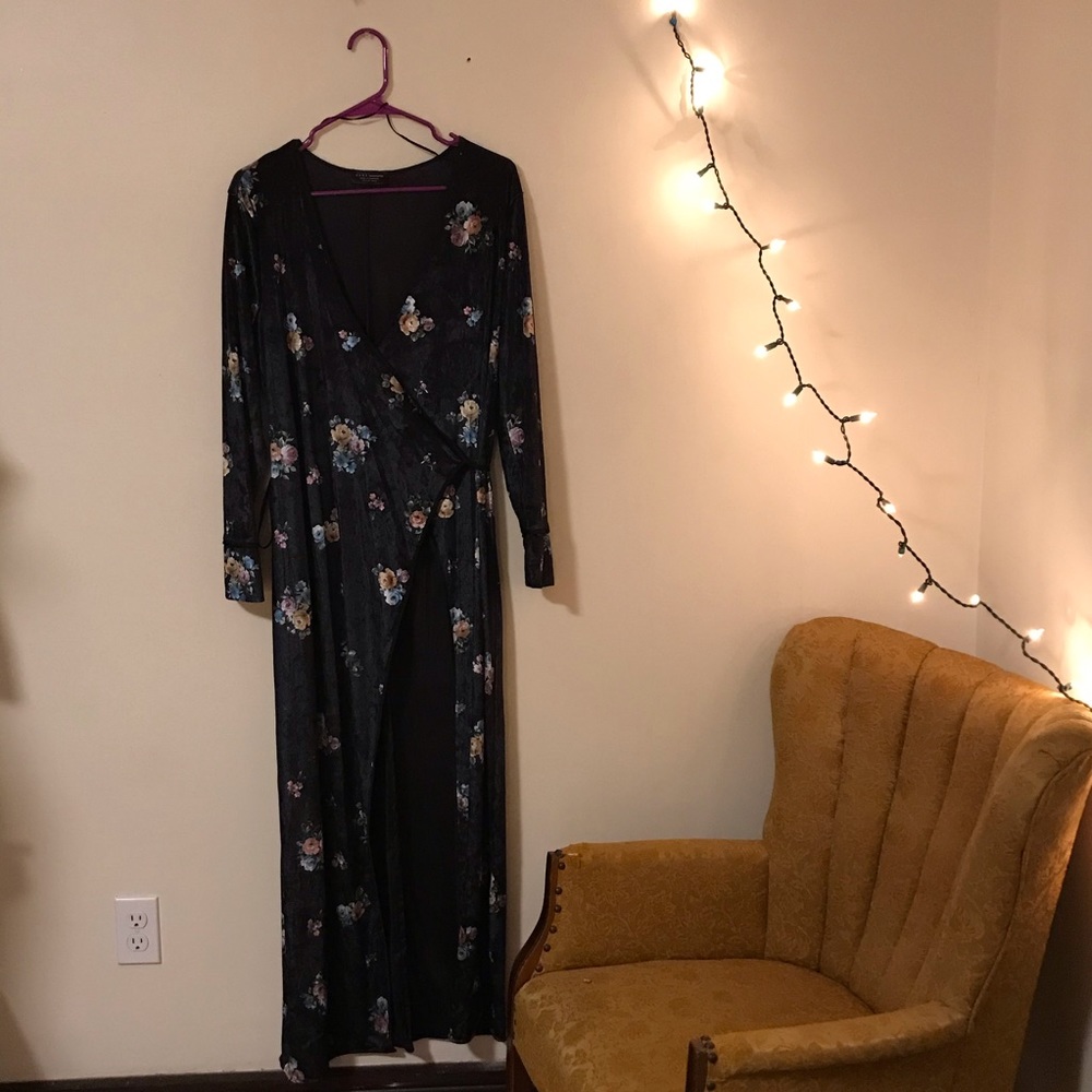 Velvet Wrap Around Black and Floral Dress / Robe